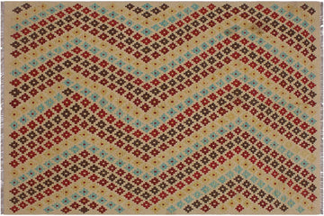 Flat Weave Kilim, Antique, Navaho, Vintage, Handmade, Modern Kilim Tan Red Hand-Woven Rectangle 100% Wool Area Rug 5 x 7